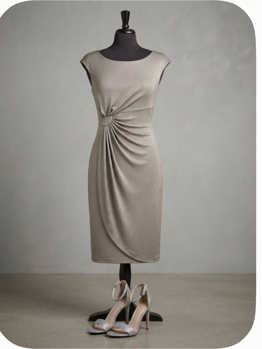 connected apparel Taupe Midi Sheath Dress with Draped Knot Detail